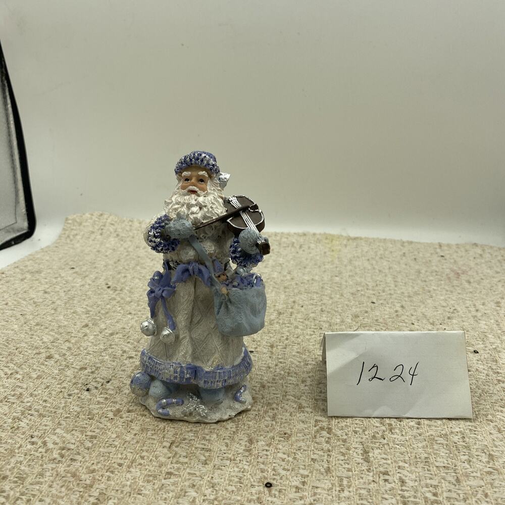 K''s Collection Blue And White Santa Playing Violin Figurine 3”X 5.25”